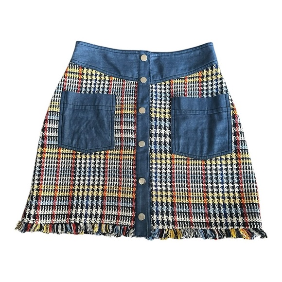 Zara Blue Multi Tweed Plaid Mini Skirt Pockets Snap Front Denim Colorful… - Picture 4 of 16